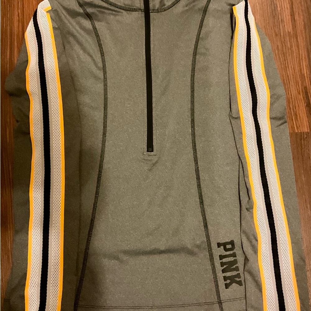 PINK Victoria Secret Gray Quarter-Zip Pullover with Yellow Striped Sleeves